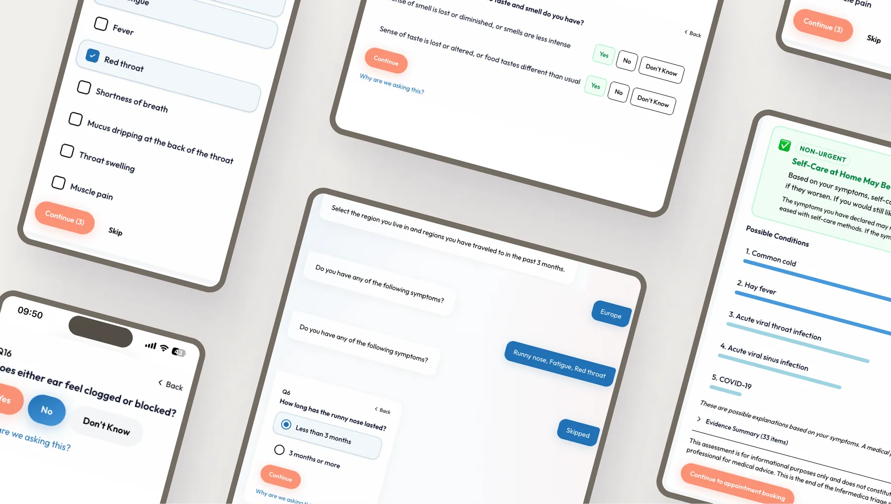 Mobile and tablet screens displaying health and symptom-checking interfaces for use in NHS general practices