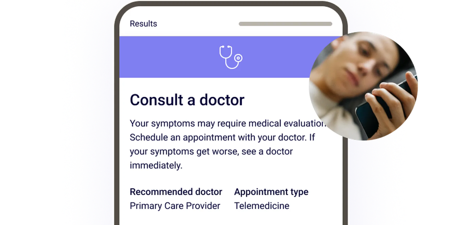 Smartphone displaying medical advice to consult a doctor, with a person holding a phone inset in the corner.
