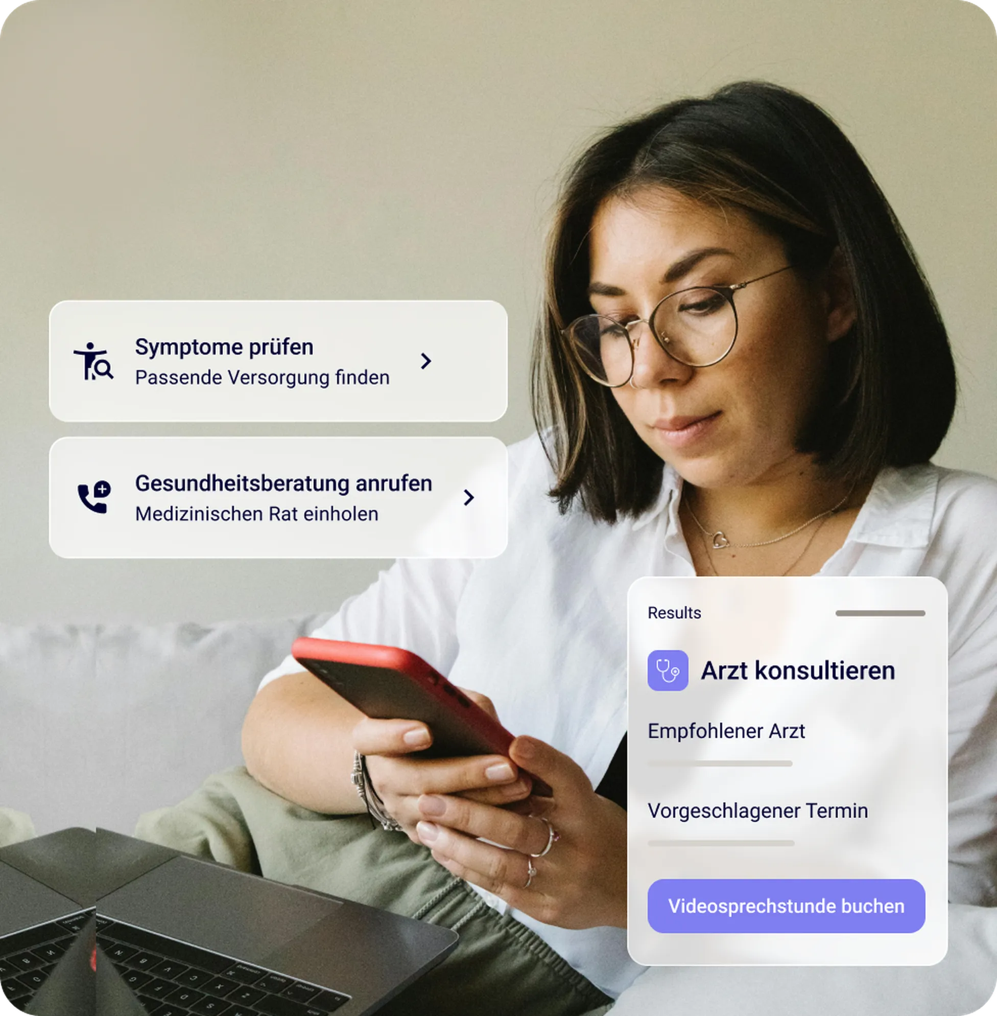 A woman using a smartphone for medical consultation. Text in German offers options to check symptoms and call health advice line.