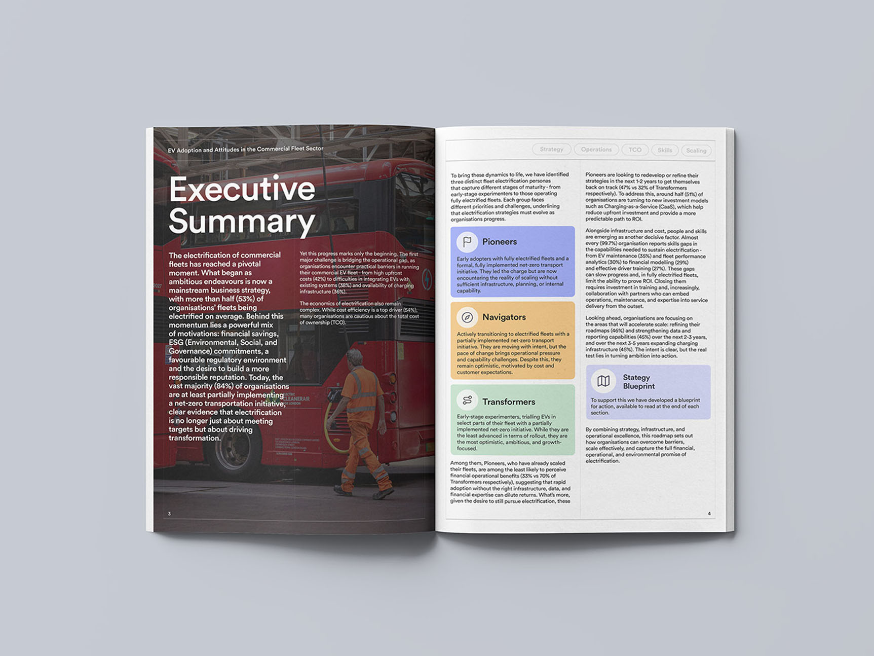 Open magazine showing an article about executive summaries and strategy, with text, color-coded sections, and a background image of a bus and worker.