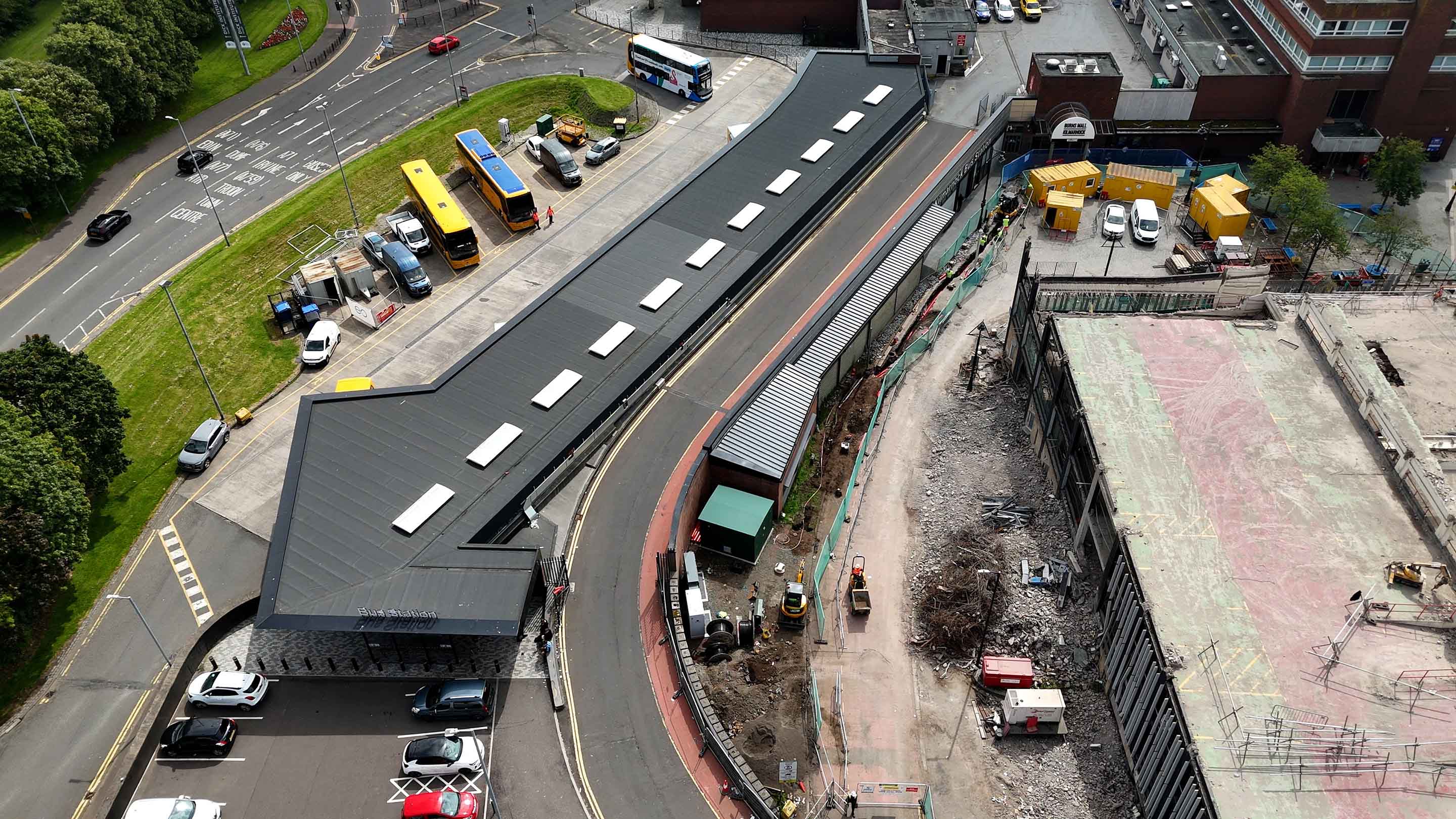 Aerial view of Kilmarnock bus station EV charging project - construction site showing electric bus depot infrastructure installation by Gigawatt and EO Charging