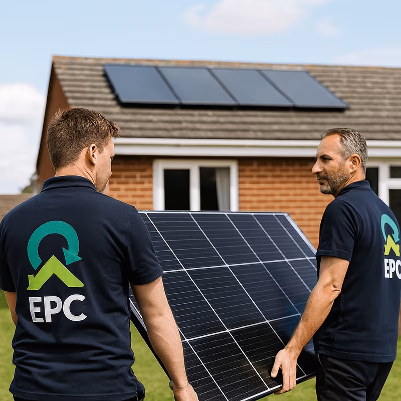 Two men in EPC shirts carry a solar panel in front of a brick house with solar panels on the roof, under a partly cloudy sky.