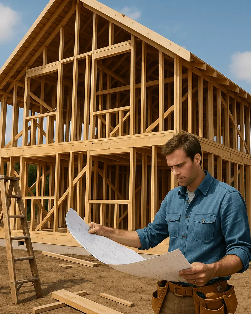 Man in a blue shirt examines blueprints at a wooden house construction site, with a ladder and framework visible under a clear sky.
