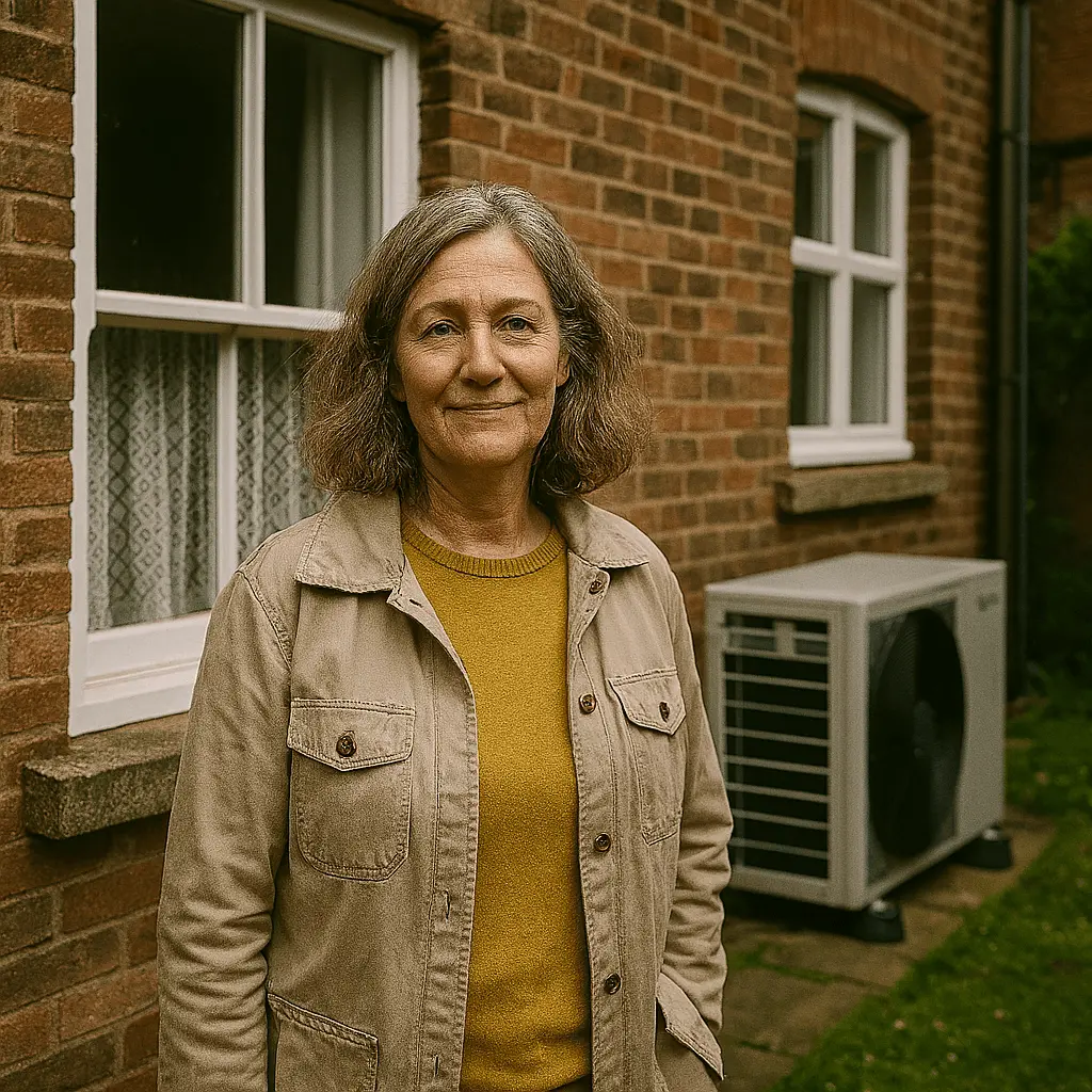 Woman with shoulder-length hair stands outside a brick house, wearing a beige jacket and mustard sweater, next to an air conditioning unit.