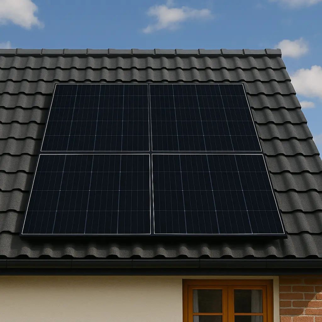 Solar panels installed on a tiled roof of a house with a small window, under a clear blue sky with a few clouds.