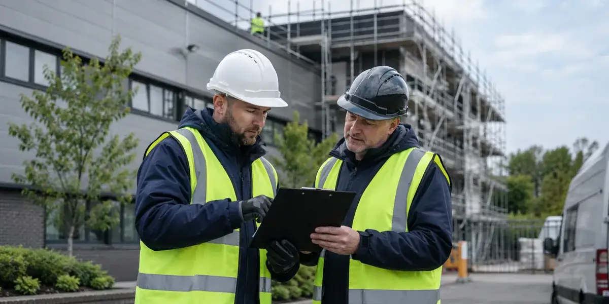 Illustrative installers reviewing site safety and access arrangements