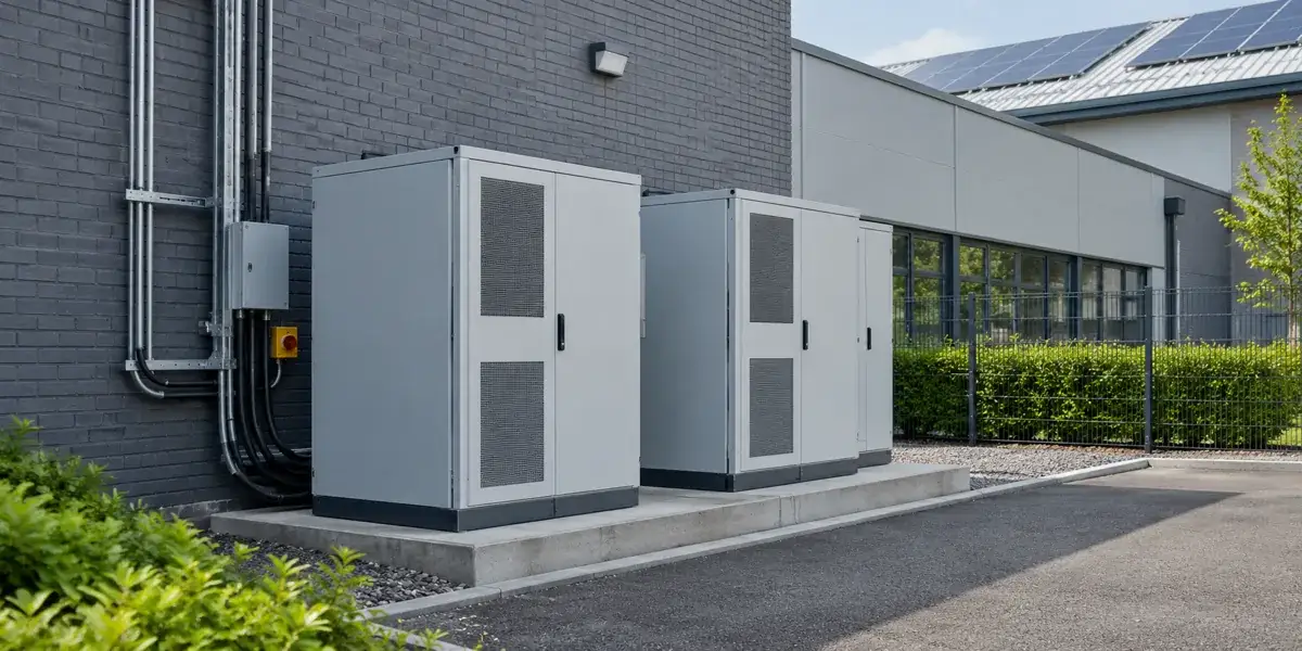 Illustrative commercial battery storage cabinets beside a building service wall