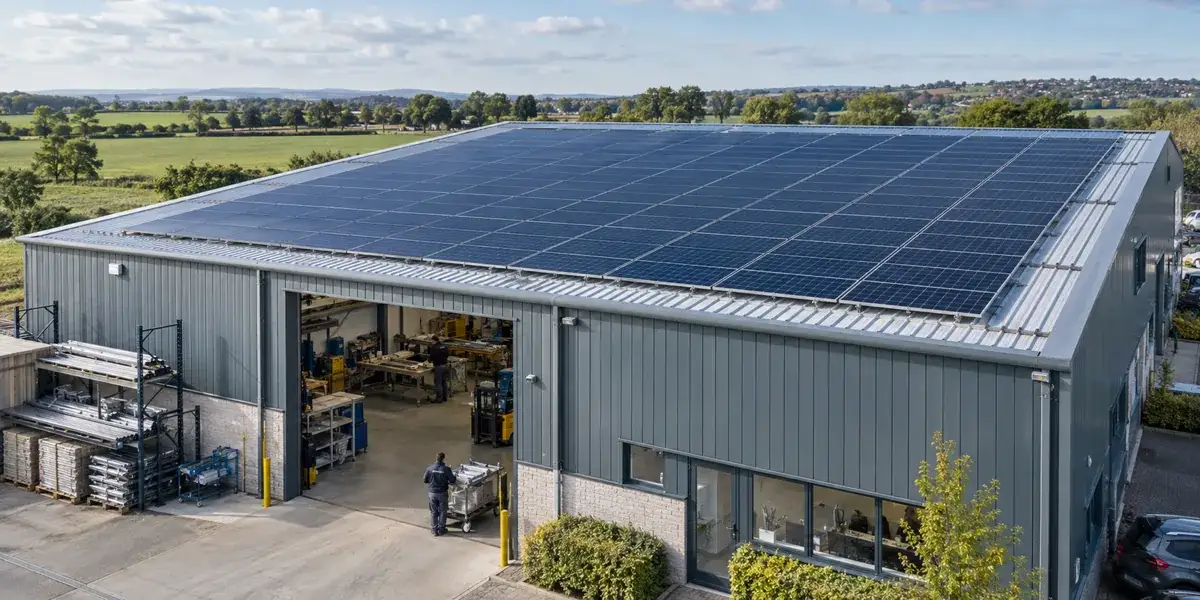 Illustrative rooftop solar above a commercial workshop operating in daylight