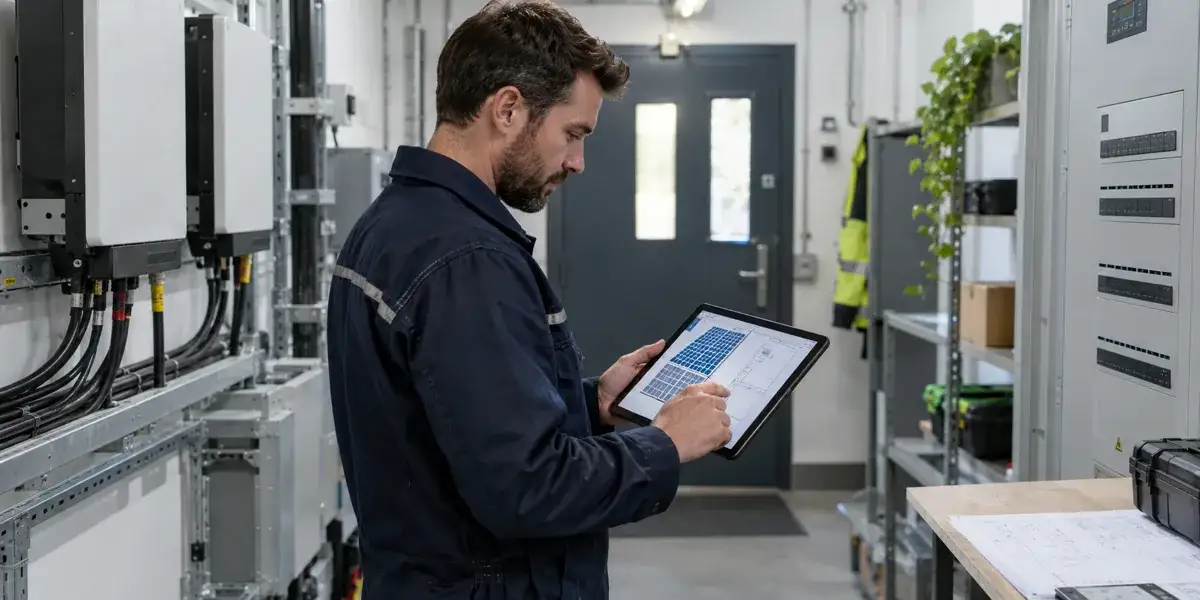 Illustrative engineer reviewing commercial solar electrical plans