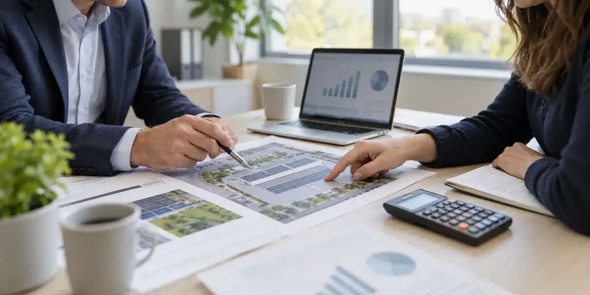 Illustrative adviser and finance manager reviewing a solar proposal and roof layout