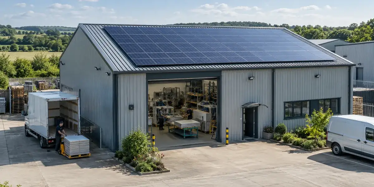 Illustrative rooftop solar array above a commercial workshop operating during daylight
