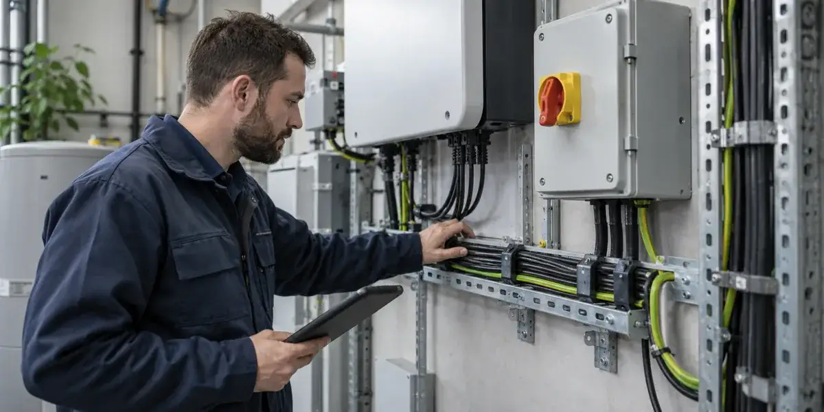 Illustrative specialist inspecting protected solar electrical equipment and cabling