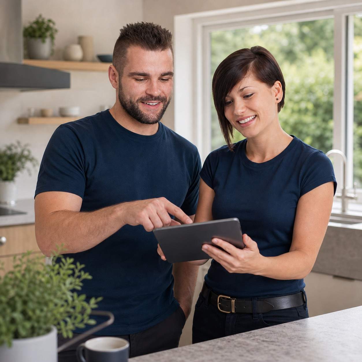 Two EPC team members reviewing energy information on a tablet