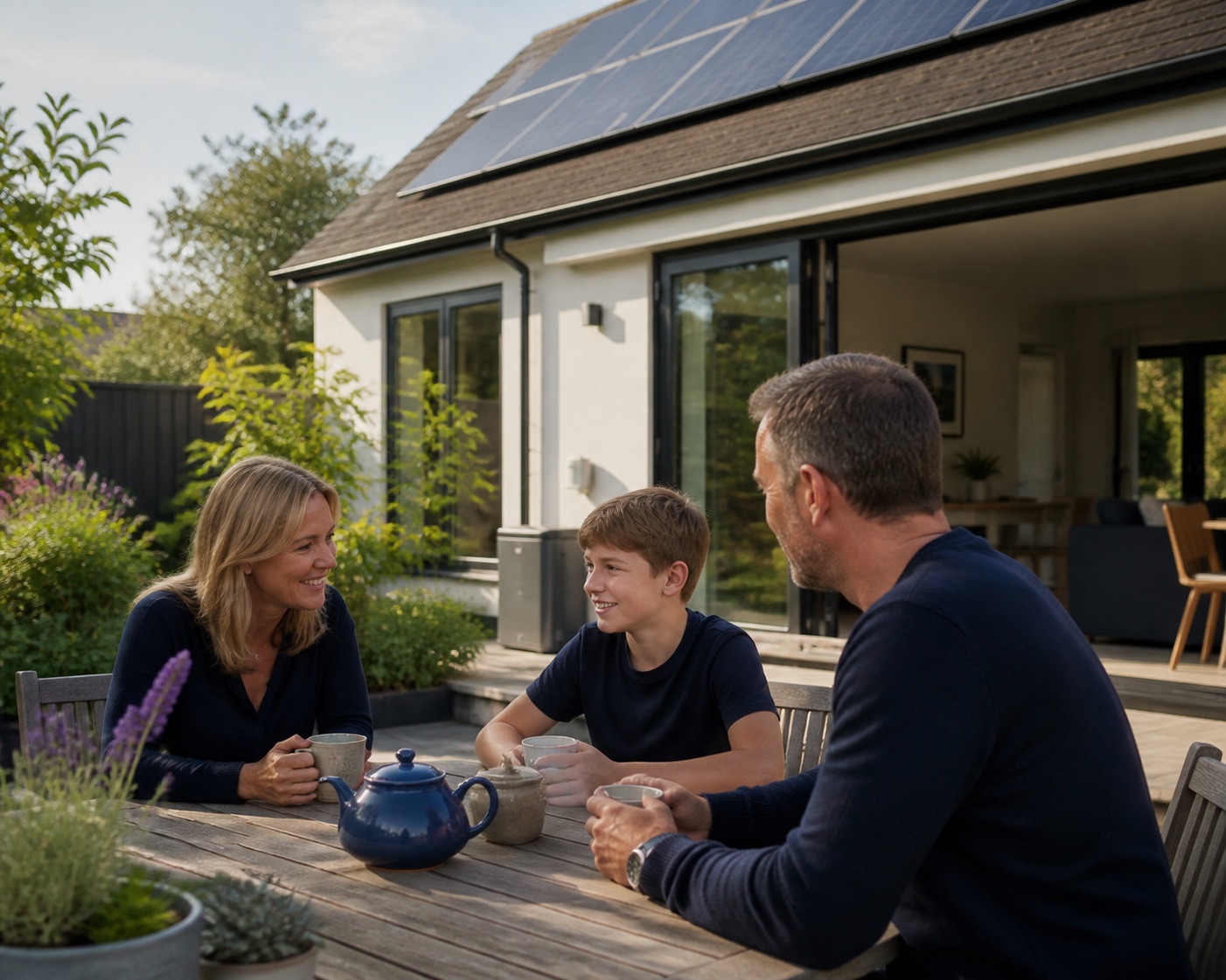 A family enjoying a lower-carbon home powered by renewable energy