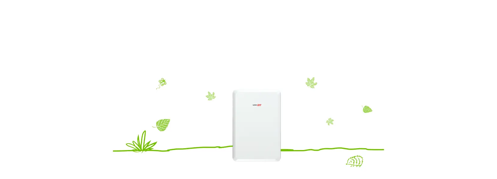 A white wall-mounted device with green line drawings of plants and leaves on a white background.