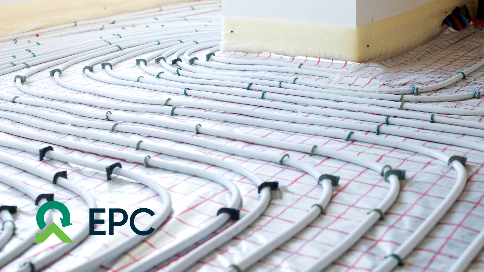 a wet underfloor heating system exposed without floorboards, featuring a set of wires and the EPC logo