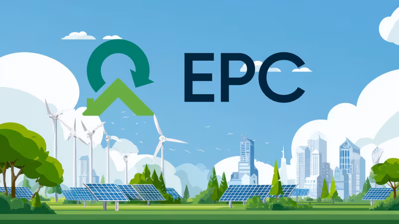 Illustrated sustainable landscape with wind turbines, solar panels and the EPC Improvements logo