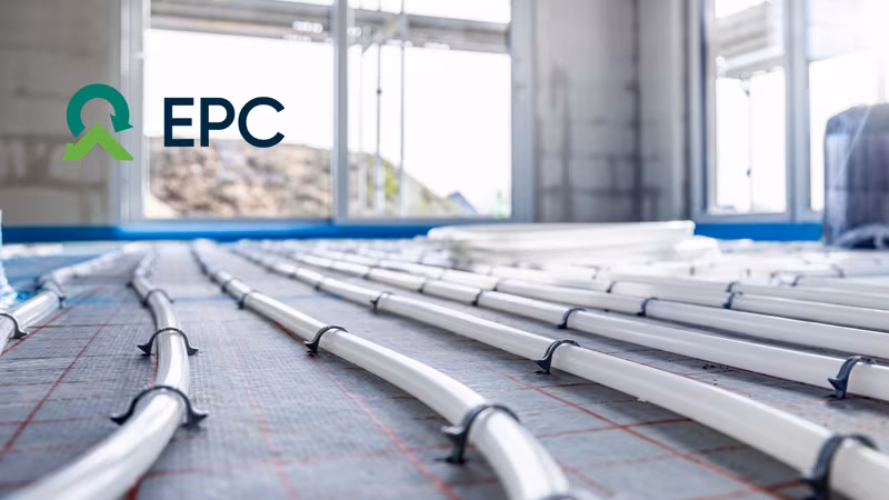 a hydronic underfloor heating system in a well lit room with the EPC logo