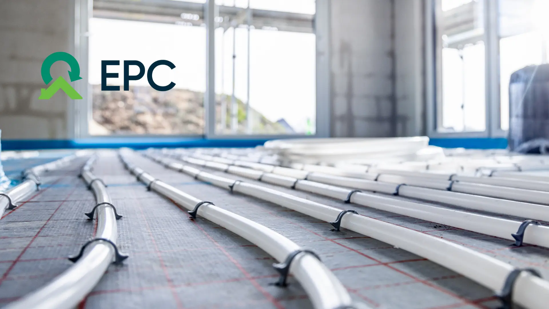 a hydronic underfloor heating system in a well lit room with the EPC logo