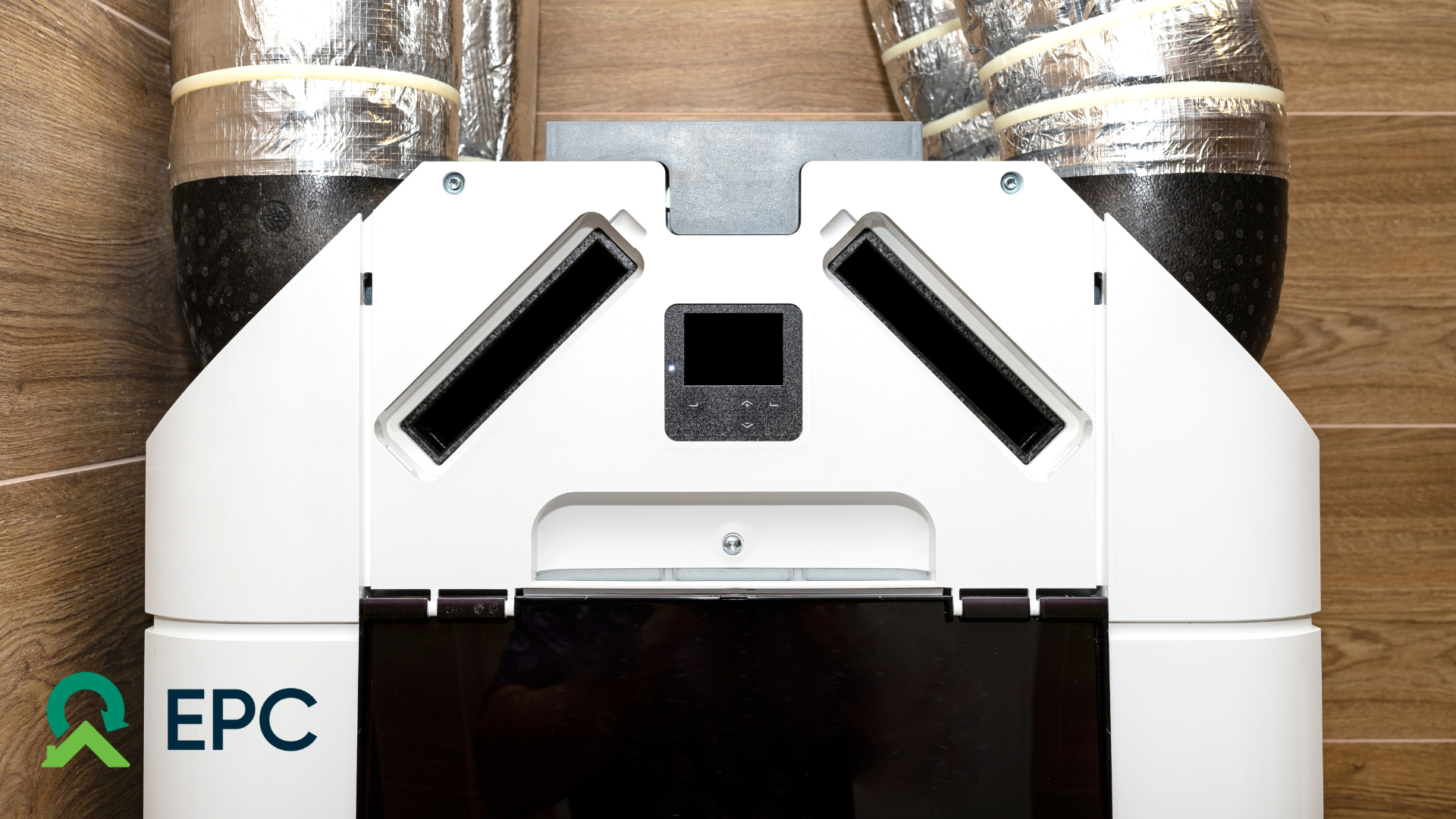 A modern HVAC system with insulated ducts against a wooden wall, featuring the EPC logo in the corner.