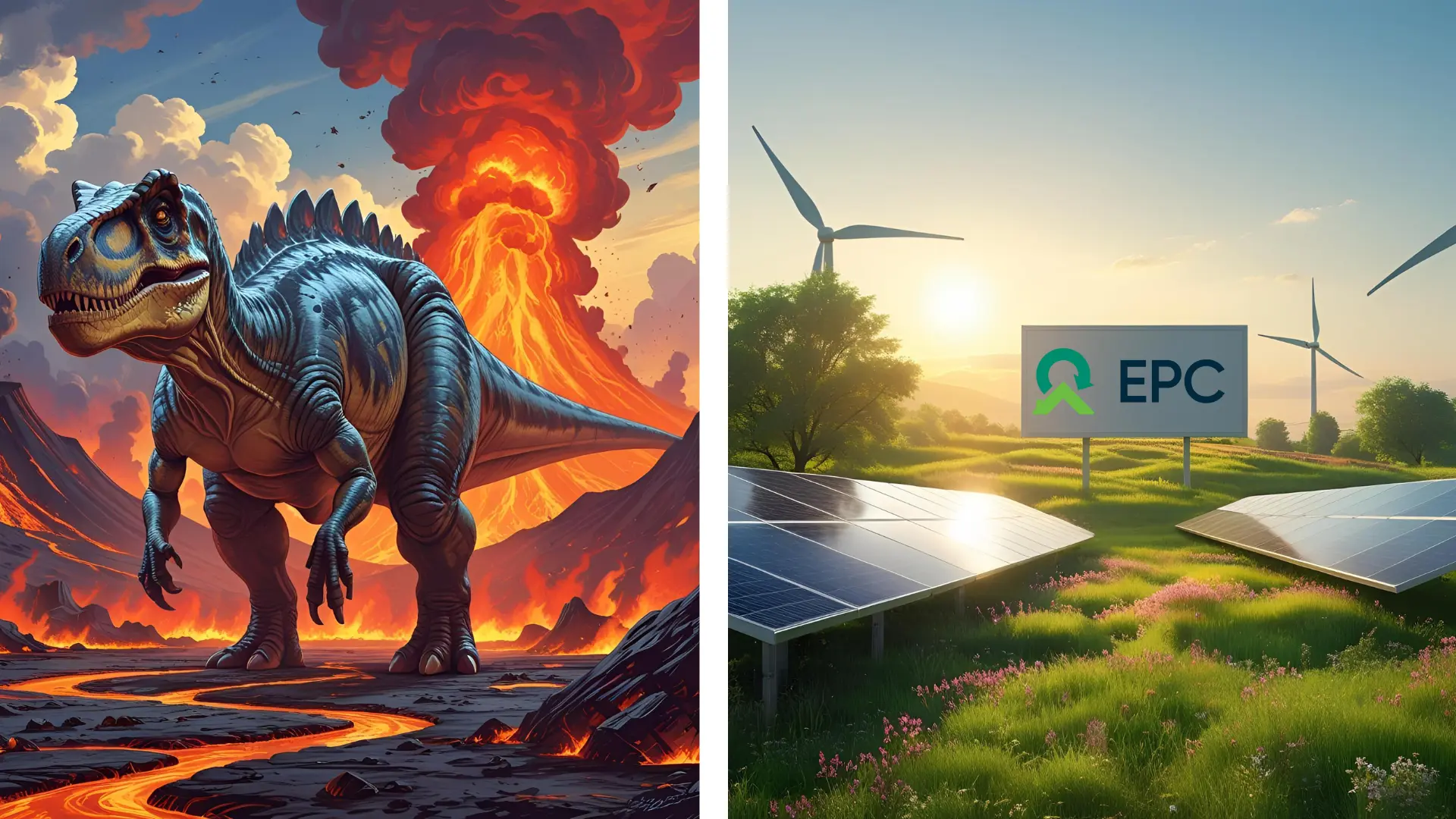 An image of a dinosaur walking through a fiery volcanic area next to an image of serenity with blue skies, renewable energy sources like solar panels and wind turbines and the EPC logo on a billboard