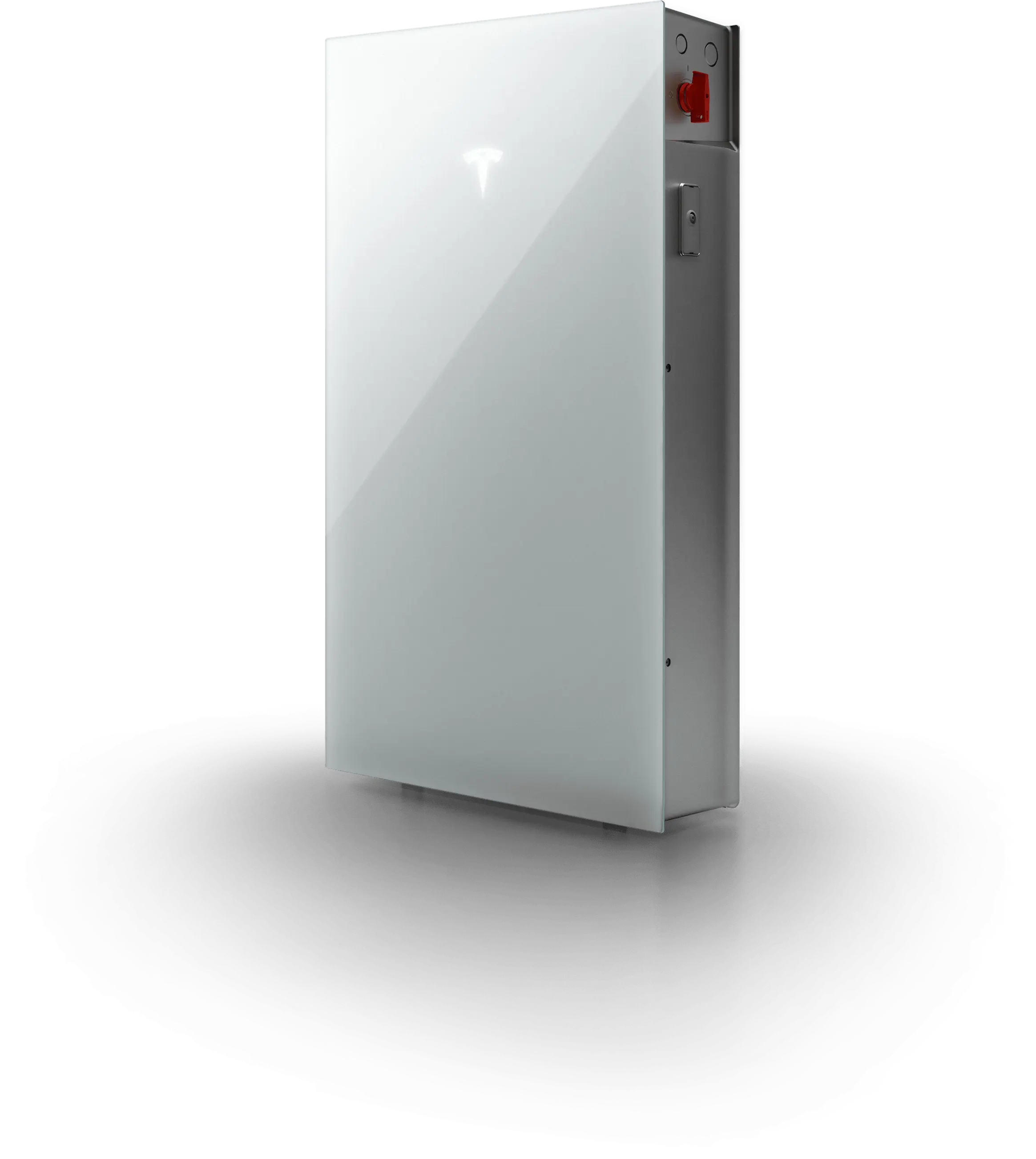 Sleek, white Tesla Powerwall 3 with a red switch on the side, standing on a reflective surface.
