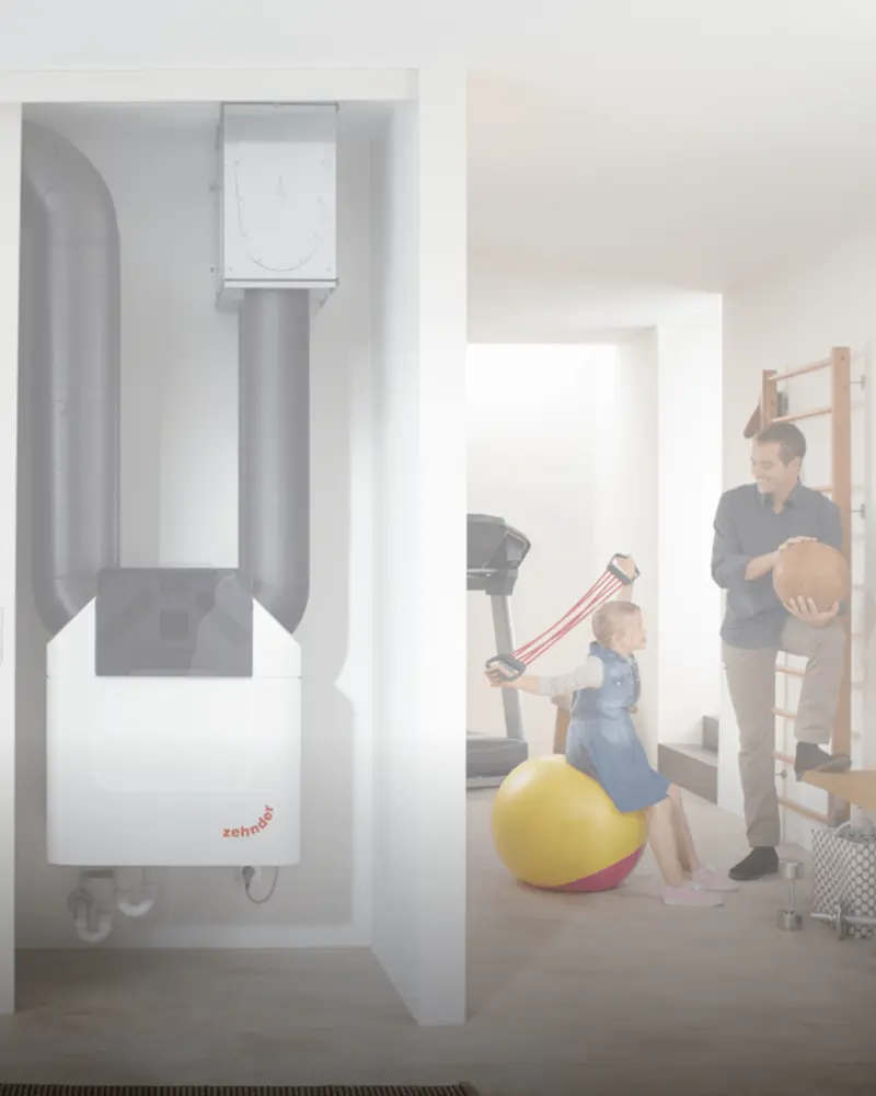 A man and child exercise in a home gym with equipment, next to a ventilation system in a modern, minimalist room.
