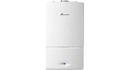 White wall-mounted boiler with a smooth, rectangular design and a small logo near the top. A blue light is visible near the bottom.