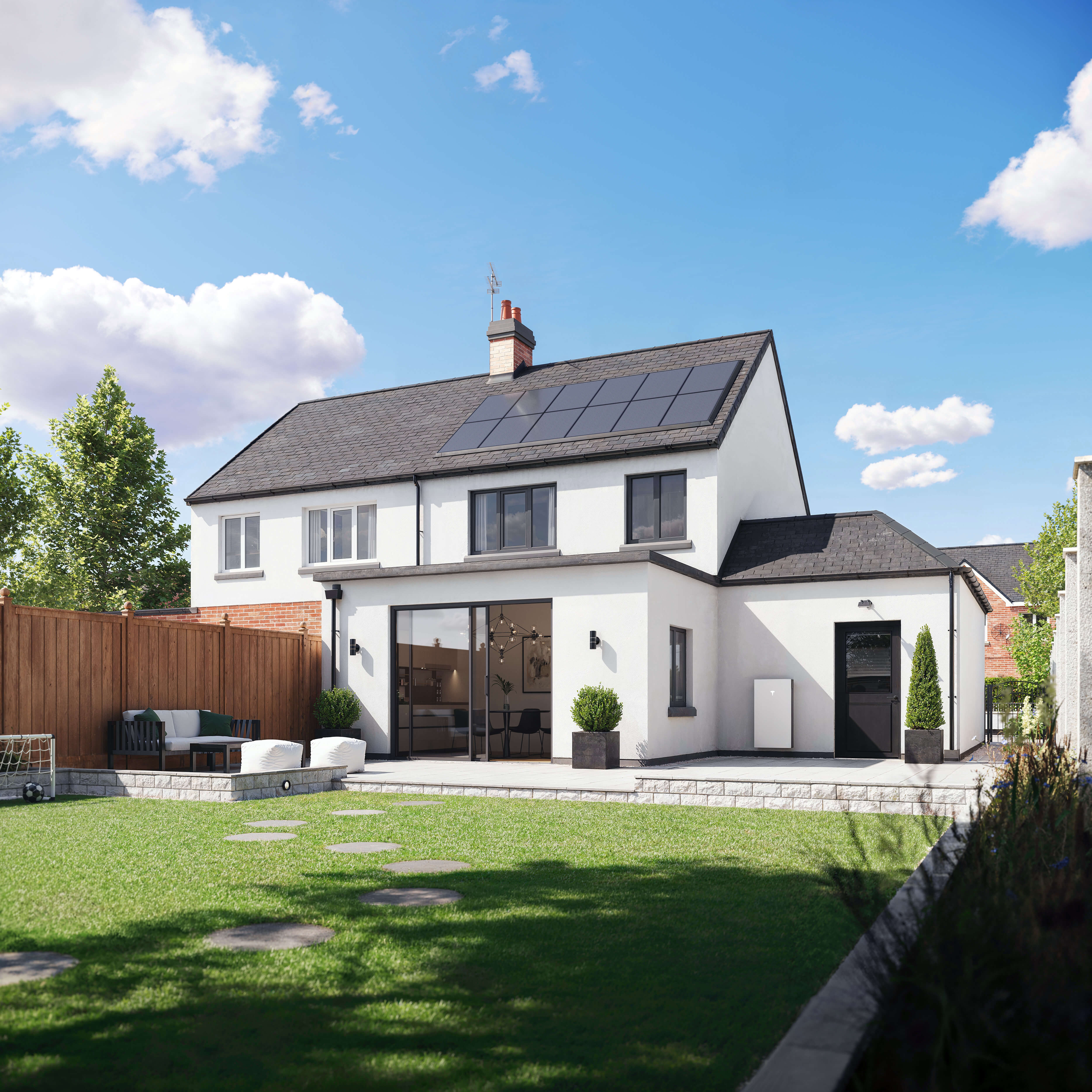Modern energy-efficient home with solar panels and battery storage