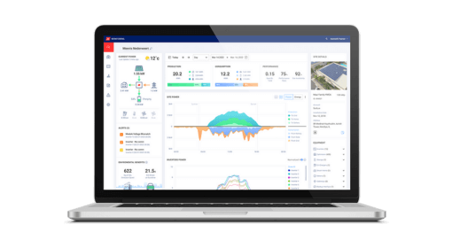 Laptop displaying a data dashboard with graphs, charts, and metrics in a colorful interface.