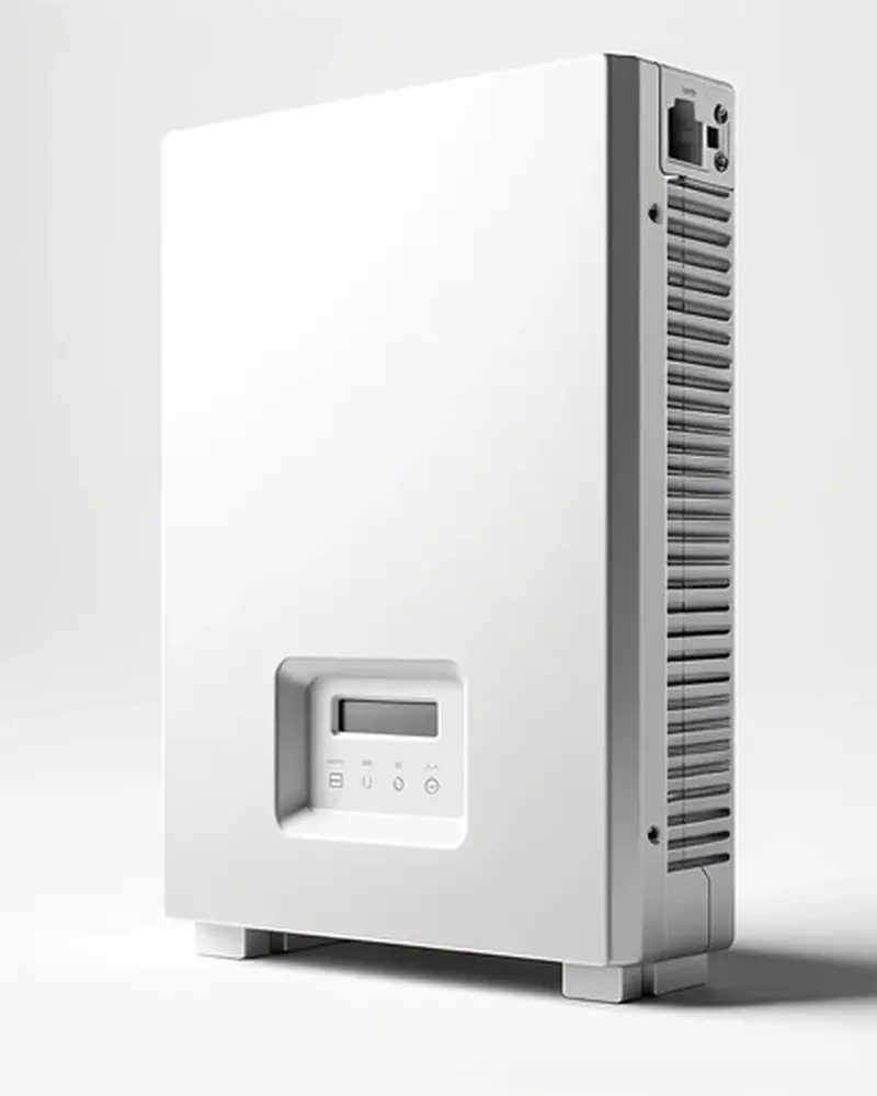 White electronic device with a digital display and vented sides, standing upright against a plain background.