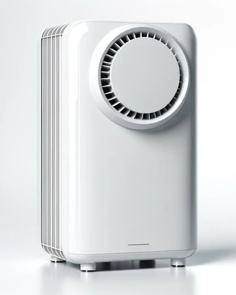 Sleek white air purifier with a circular vent on the front, set against a plain background.