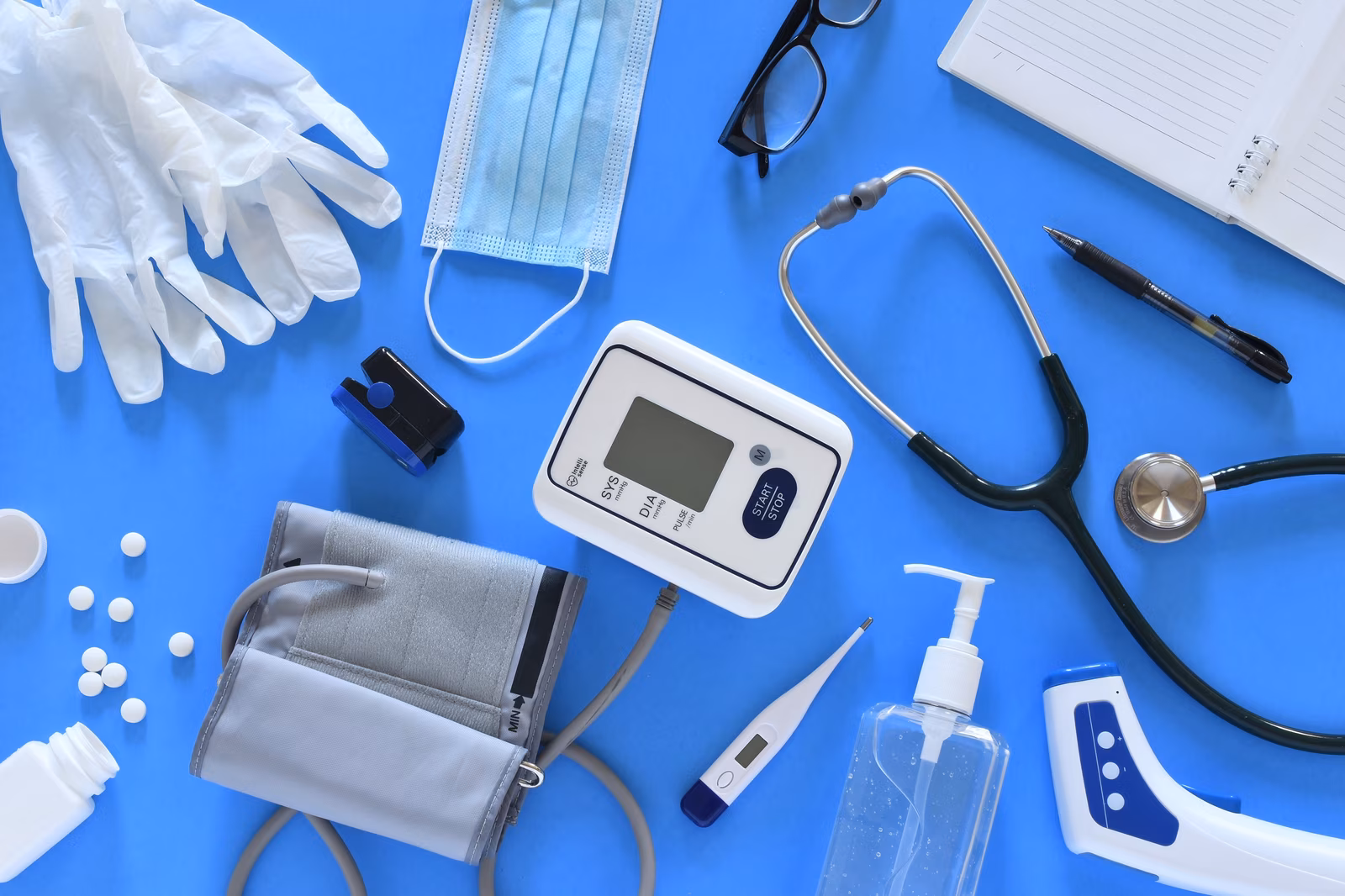 Medical equipment including a mask, stethoscope and blood-pressure monitor
