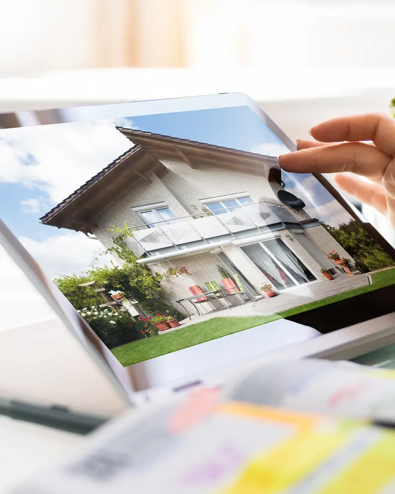 Hand using a stylus on a tablet displaying a house image, with an open planner and a small plant nearby on a glass table.