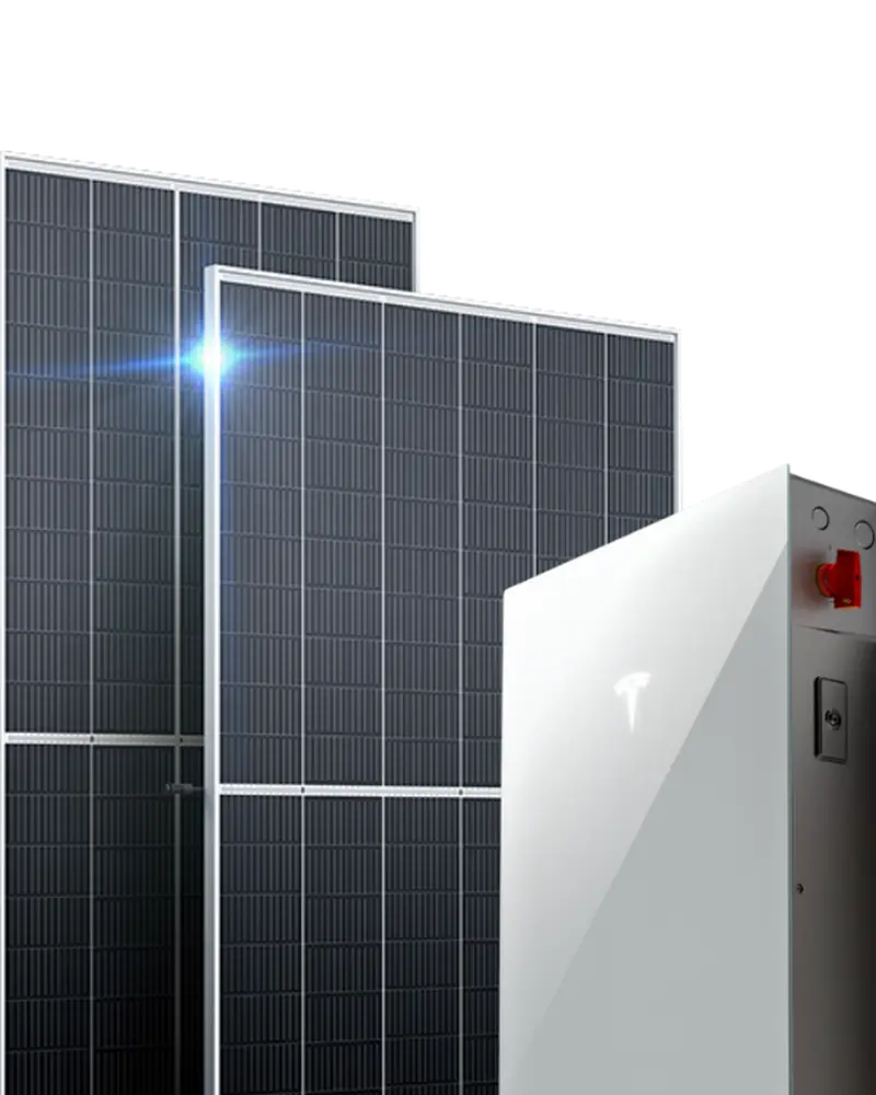 Two solar panels and a sleek, white battery unit with a red switch, set against a plain background.