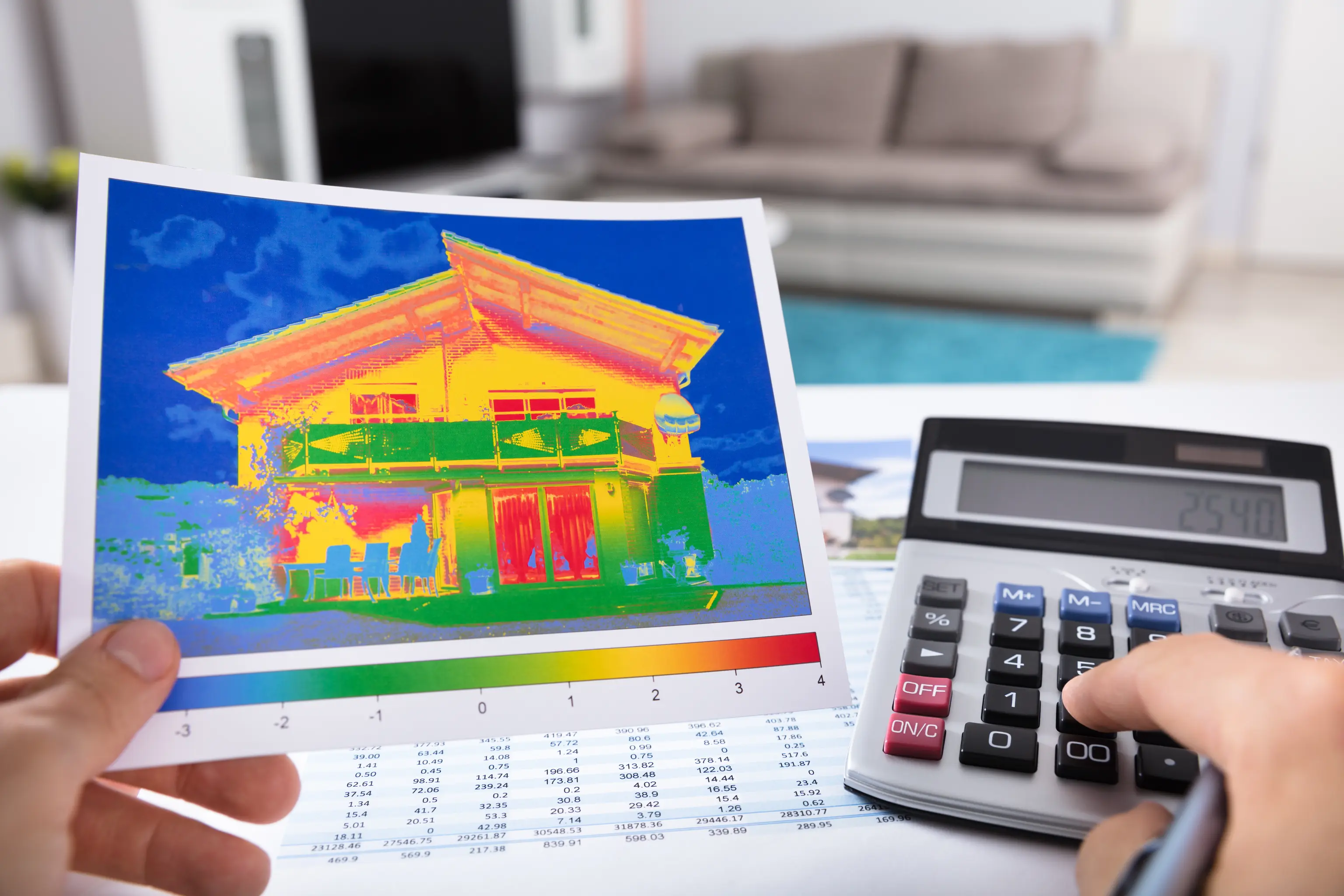 Person analyzing a thermal image of a house with a calculator, indicating energy efficiency assessment.