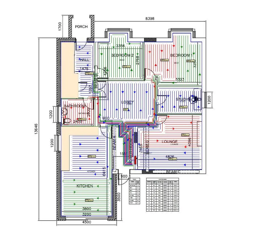 Architectural floor plan of a house showing rooms like kitchen, lounge, two bedrooms, and dimensions labelled with measurements in millimetres.