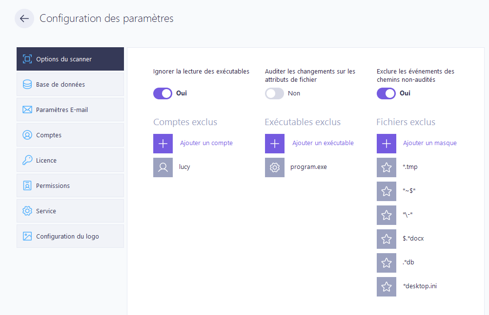 Configuration des paramètres - Options du scanner