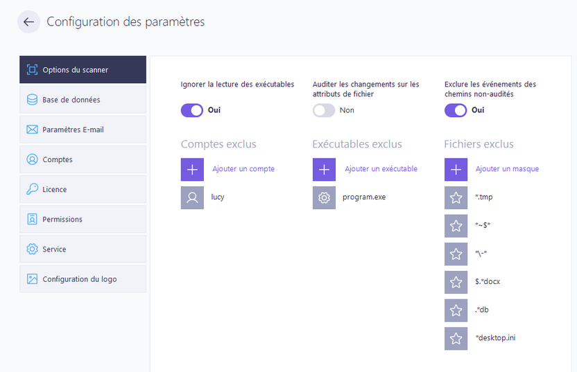 Configuration des paramètres - Options du scanner