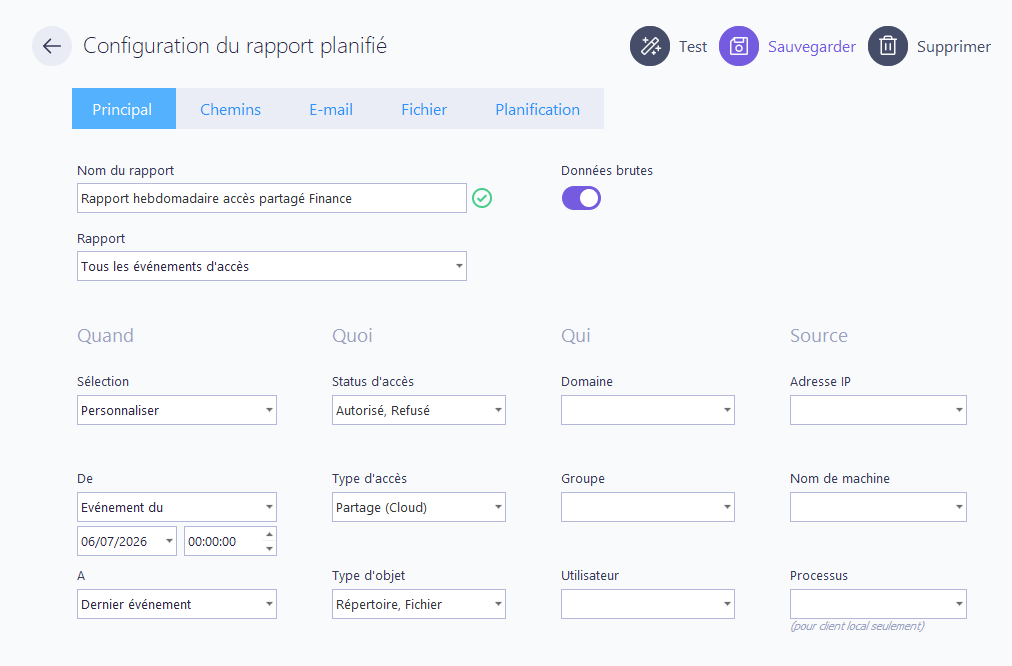 Configuration du rapport planifié