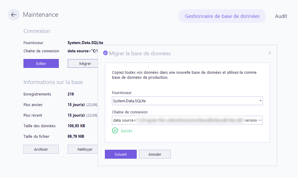 Migrer la base de données - Succès