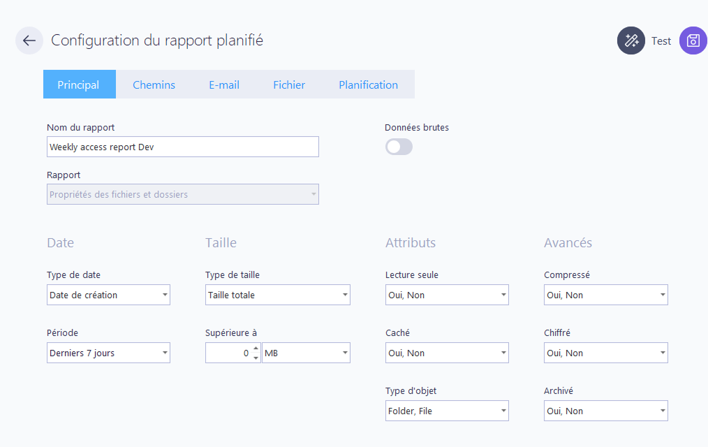 Configuration du rapport planifié