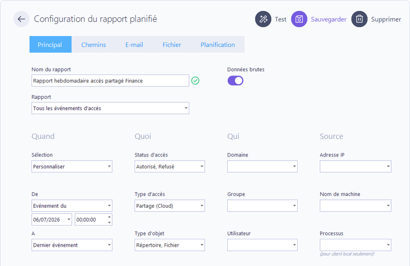 Configuration du rapport planifié
