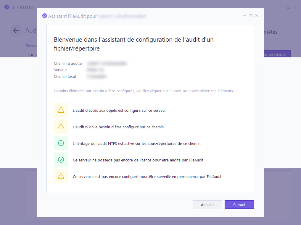 Assistant de configuration de l'audit d'un fichier/répertoire