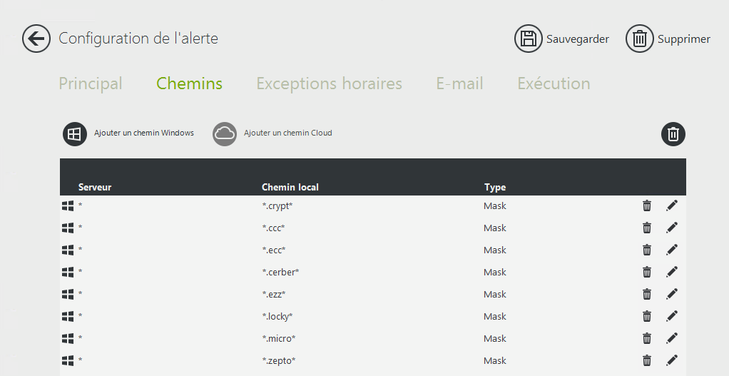 Configuration de l'alerte