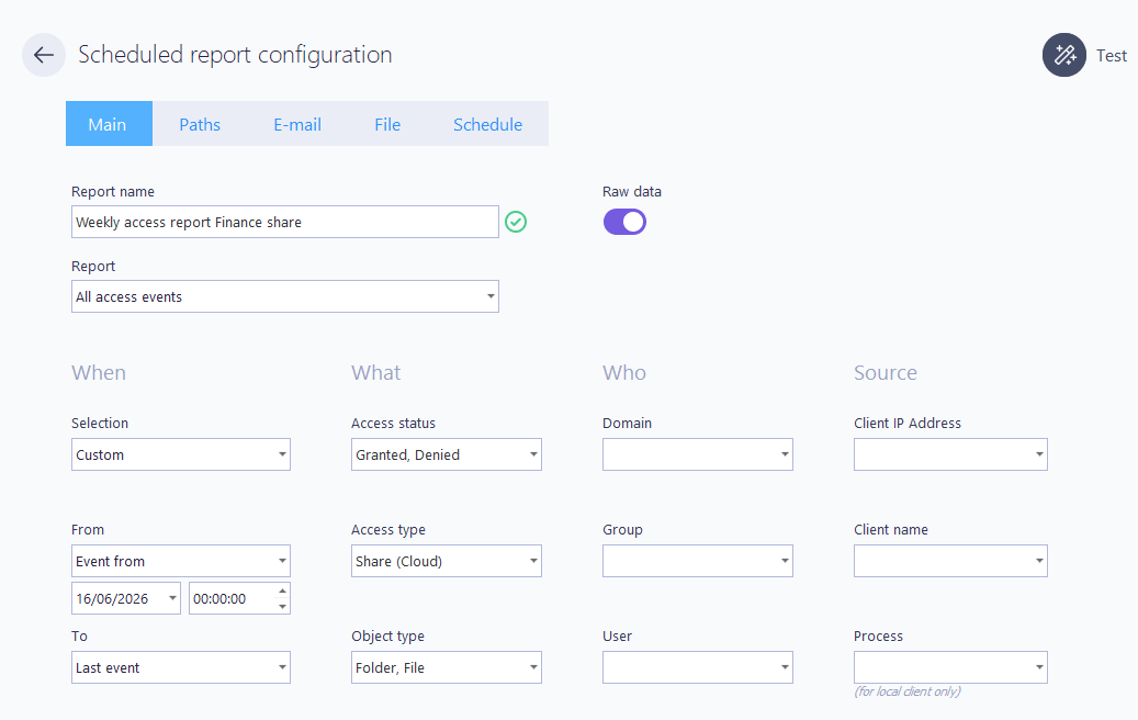 Scheduled report configuration