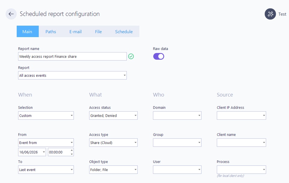 Scheduled report configuration