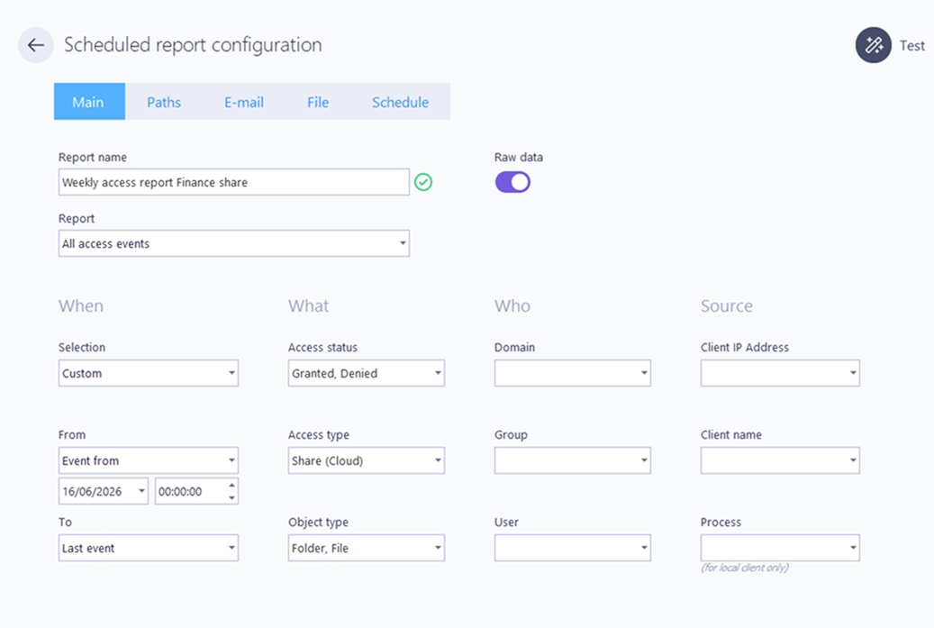 Scheduled report configuration