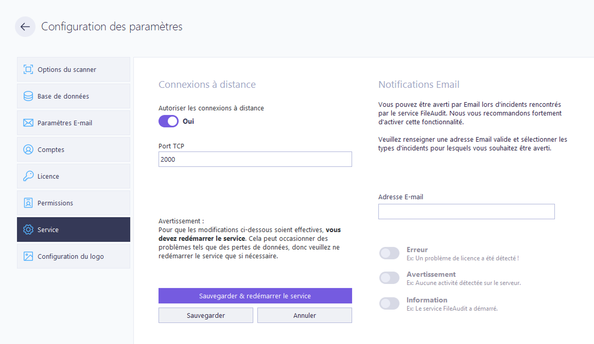 Configuration des paramètres - connexions à distance