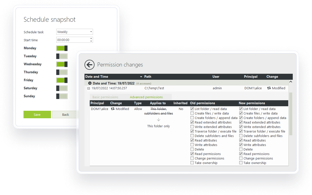 Permission changes and schedule snapshot